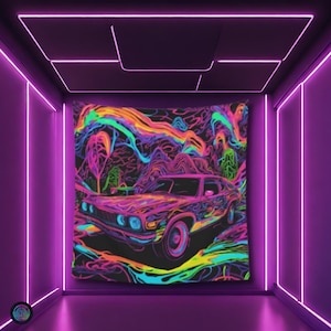 Psychedelic Party Black light reactive Car tapestry, Psytrance UV active trippy Decor, Rave Neon Vibes, Glowing Psychedelic Wall Art