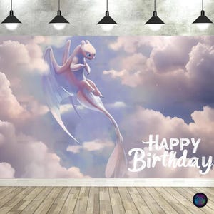 May include: A light-colored dragon with blue eyes and large wings is depicted against a backdrop of fluffy clouds. The words "HAPPY BIRTHDAY" are written in white script. The image is a wall decoration.