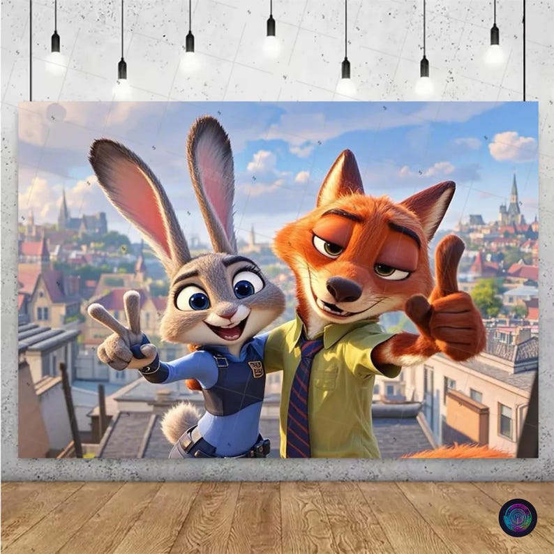 May include: A colorful poster featuring the animated characters Judy Hopps, a gray rabbit, and Nick Wilde, an orange fox, from the movie Zootopia. Judy is in a police uniform, and Nick is wearing a green shirt and tie. They are smiling and posing.