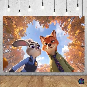 May include: A canvas print featuring Judy Hopps and Nick Wilde from Zootopia, set against a backdrop of autumn foliage. Judy, a gray rabbit, wears a police uniform, while Nick, a fox, dons a green shirt and tie. The artwork captures a warm, inviting scene.