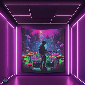 Psychedelic Mushroom Forest Party Black light reactive tapestry,Psytrance UV active trippy Decor,Rave Neon Vibe,Glowing Psychedelic Wall Art