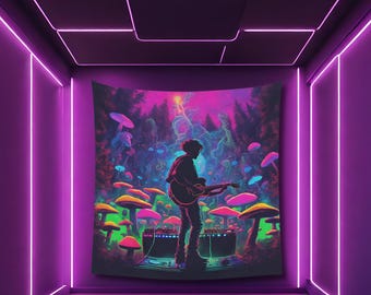 Psychedelic Mushroom Forest Tapestry: UV Reactive Rave Decor