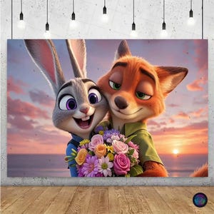 May include: A canvas print featuring Judy Hopps and Nick Wilde from Zootopia, embracing and holding a bouquet of flowers. The background shows a sunset over the ocean. The characters are in their animated forms.