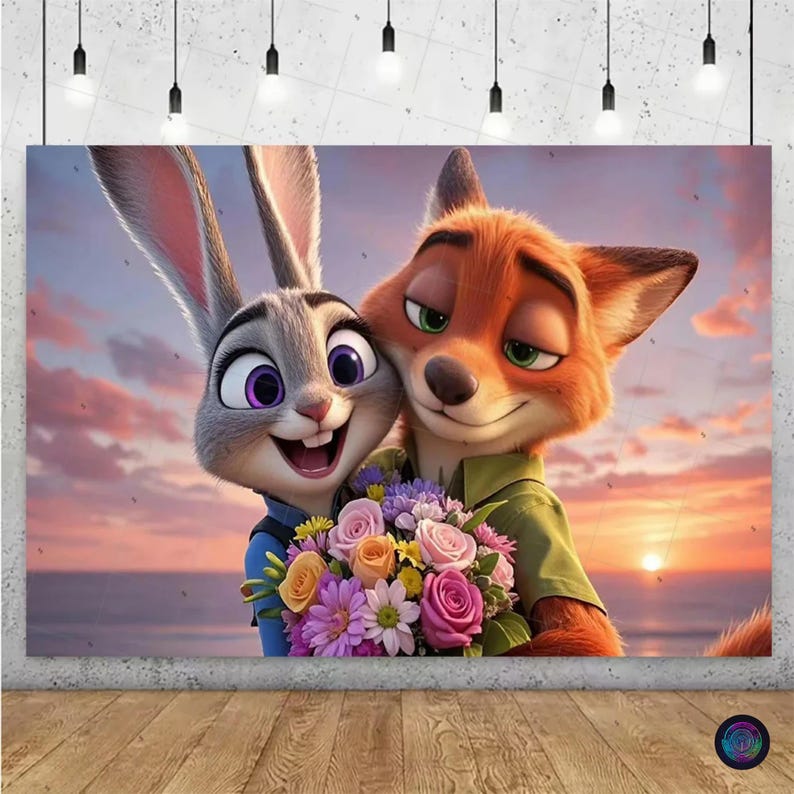 May include: A canvas print featuring Judy Hopps and Nick Wilde from Zootopia, embracing and holding a bouquet of flowers. The background shows a sunset over the ocean. The characters are in their animated forms.