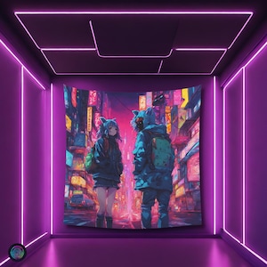 Psychedelic Vintage Student Couple Black light reactive tapestry,Psytrance UV active trippy Decor,Rave Neon Vibe,Glowing Psychedelic WallArt
