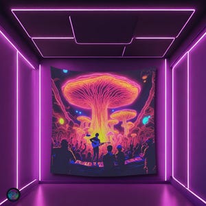 Psychedelic Mushroom Forest Black light reactive tapestry, Psytrance UV active trippy Decor, Rave Neon Vibe, Glowing Psychedelic Wall Art