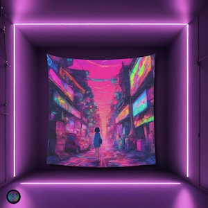 Psychedelic Vintage Girl Street Black light reactive tapestry, Psytrance UV active trippy Decor, Rave Neon Vibe,Glowing Psychedelic Wall Art