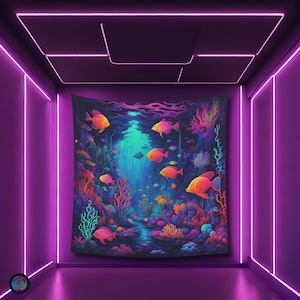 UV Reactive Tapestry: Psychedelic Aqua Life, Rave Decor