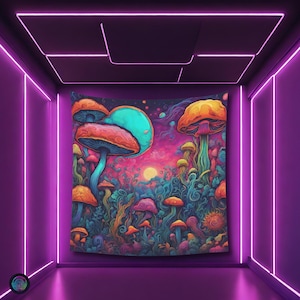 Psychedelic Mushroom Jungle Black light reactive tapestry, Psytrance UV active trippy Decor, Rave Neon Vibe, Glowing Psychedelic Wall Art