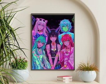 Neon Anime Girl Tapestry: Cyberpunk UV Reactive Wall Art