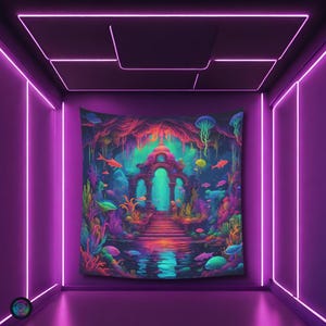 Psychedelic Atlantis Forest Blacklight reactive tapestry, Psytrance UV active trippy Decor, Rave Neon Vibe, Glowing Psychedelic Wall Art