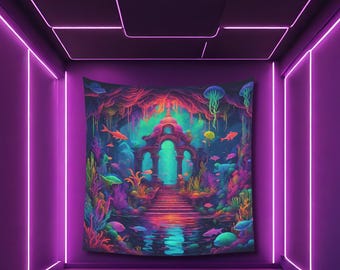 Psychedelic Atlantis Tapestry: Blacklight Reactive Rave Decor