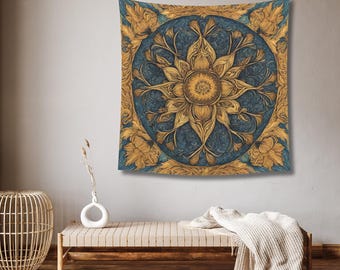 Golden Lotus Mandala Tapestry – Blue Bohemian Wall Art | Spiritual Zen Decor for Sacred Spaces