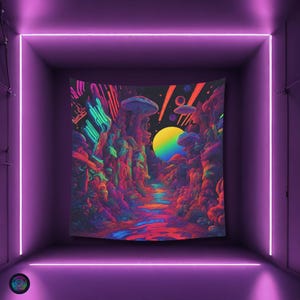 Psychedelic Space Mushroom Forest Black light reactive tapestry,Psytrance UV active trippy Decor,Rave Neon Vibe,Glowing Psychedelic Wall Art
