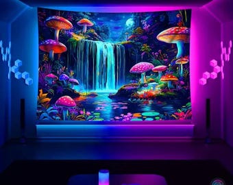 Glow-in-the-Dark Forest Tapestry: Neon Starry Waterfall Wall Hanging