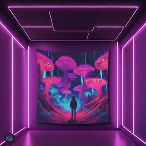 Psychedelic Floral Mushroom Forest Blacklight reactive tapestry,Psytrance UV active trippy Decor,Rave Neon Vibe,Glowing Psychedelic Wall Art
