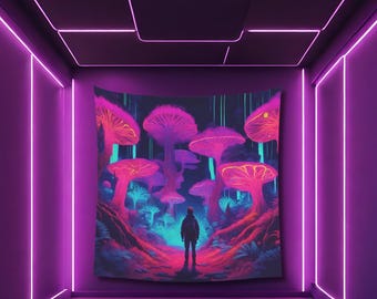 Psychedelic Mushroom Forest Tapestry: UV Reactive Rave Decor