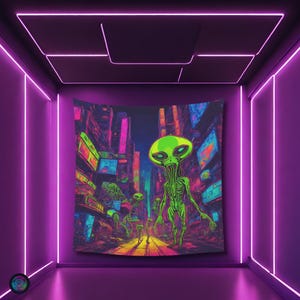 Psychedelic Aliens Black light reactive Invasion tapestry, Psytrance UV active trippy Decor, Rave Neon Vibe, Glowing Psychedelic  Wall Art