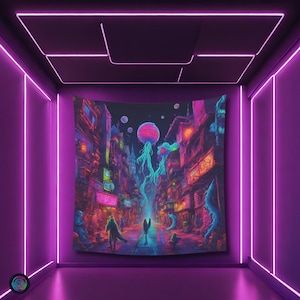 Psychedelic Alien City Tapestry: UV Reactive Rave Decor