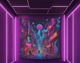 Psychedelic Alien City Tapestry: UV Reactive Rave Decor