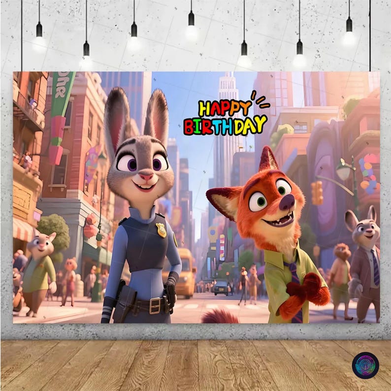 May include: A colorful birthday backdrop featuring Judy Hopps and Nick Wilde from Zootopia. The cityscape background includes the text "Happy Birthday" in bright colors. The characters are in the foreground.