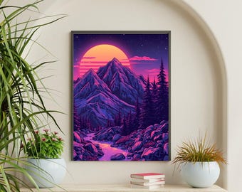 Trippy Mountain Tapestry | Psychedelic Sunset Wall Hanging | Vibrant Nature Landscape Room Decor