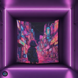 Psychedelic Vintage Kid Street Black light reactive tapestry, Psytrance UV active trippy Decor, Rave Neon Vibe, Glowing Psychedelic Wall Art