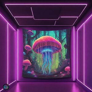 Psychedelic Mushroom Jelly Fish Black light reactive tapestry, Psytrance UV active trippy Decor,Rave Neon Vibe, Glowing Psychedelic Wall Art