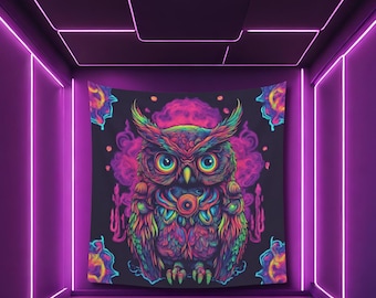 Psychedelic Owl Tapestry: UV Reactive Rave Decor