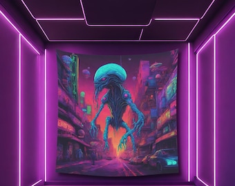 Psychedelic Alien Tapestry: Vintage Blacklight Reactive Rave Decor