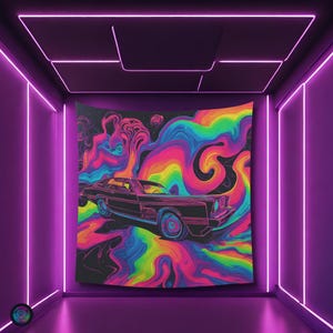 Psychedelic Vintage Muscle Car Black light reactive tapestry, Psytrance UV active trippy Decor, Rave Neon Vibe, Glowing Psychedelic Wall Art