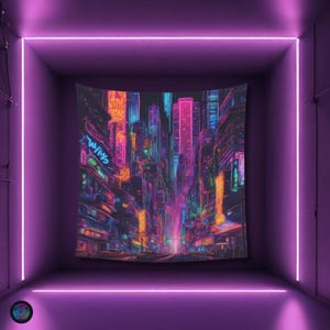 Psychedelic Tokyo Street Black light reactive tapestry, Psytrance UV active trippy Decor, Rave Neon Vibe, Glowing Psychedelic Wall Art