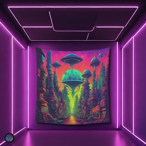 Vintage Psychedelic Alien Tapestry: UV Reactive Rave Decor