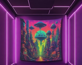 Vintage Psychedelic Alien Tapestry: UV Reactive Rave Decor