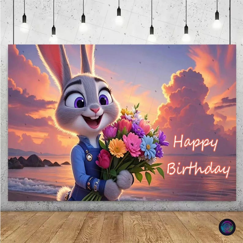 May include: A digital illustration of a cartoon rabbit holding a bouquet of colorful flowers. The rabbit is smiling, with the words "Happy Birthday" written in pink. The background features a sunset over a beach.