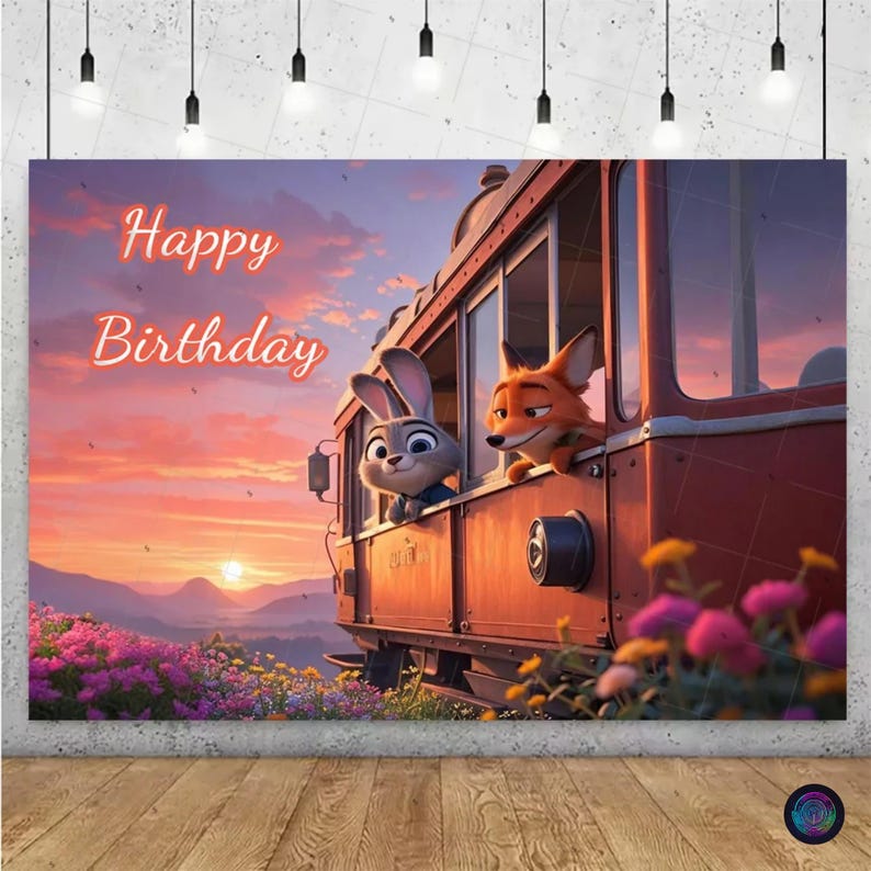 May include: A colorful birthday-themed wall art featuring the characters Judy Hopps and Nick Wilde from Zootopia. The image shows the characters looking out of a train window with the text "Happy Birthday" in a cursive font. The background features a sunset and flowers.