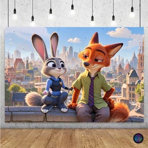 May include: A canvas print featuring Judy Hopps, a gray rabbit, and Nick Wilde, an orange fox, from the animated film Zootopia. They are seated on a brick ledge with a cityscape backdrop under a blue sky. The artwork has a cartoon style.
