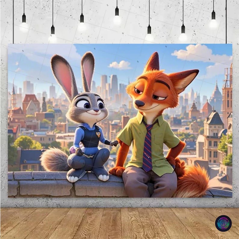May include: A canvas print featuring Judy Hopps, a gray rabbit, and Nick Wilde, an orange fox, from the animated film Zootopia. They are seated on a brick ledge with a cityscape backdrop under a blue sky. The artwork has a cartoon style.