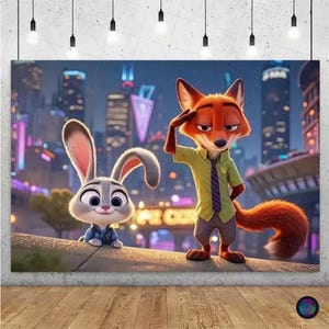 May include: A canvas print featuring the animated characters Judy Hopps and Nick Wilde from Zootopia. Judy, a gray rabbit, is smiling. Nick, a red fox, salutes. The background shows a cityscape with bright lights.