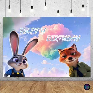 May include: A birthday backdrop featuring Judy Hopps and Nick Wilde from Zootopia. The backdrop has a blue sky background with a colorful cloud and the words "HAPPY BIRTHDAY" in light blue.