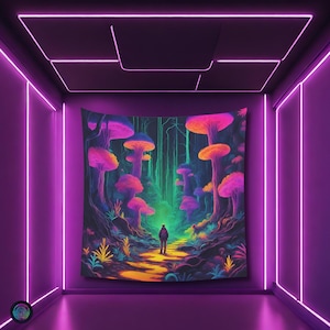 Psychedelic Mushroom Man Black light reactive tapestry, Psytrance UV active trippy Decor, Rave Neon Vibe, Glowing Psychedelic  Wall Art