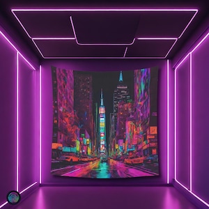 Psychedelic Times Square Black light reactive tapestry, Psytrance UV active trippy Decor, Rave Neon Vibe, Glowing Psychedelic Wall Art