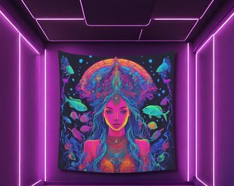 Psychedelic Goddess Tapestry: UV Reactive Rave Decor