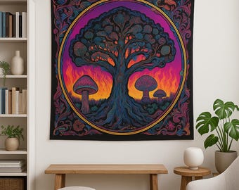 Psychedelic Tree of Life Tapestry: Trippy Mushroom Wall Art