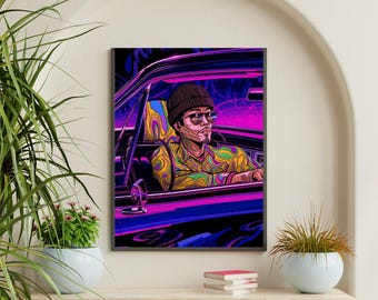 UV Reactive Psychedelic Car Tapestry: Retro Vaporwave Neon Art