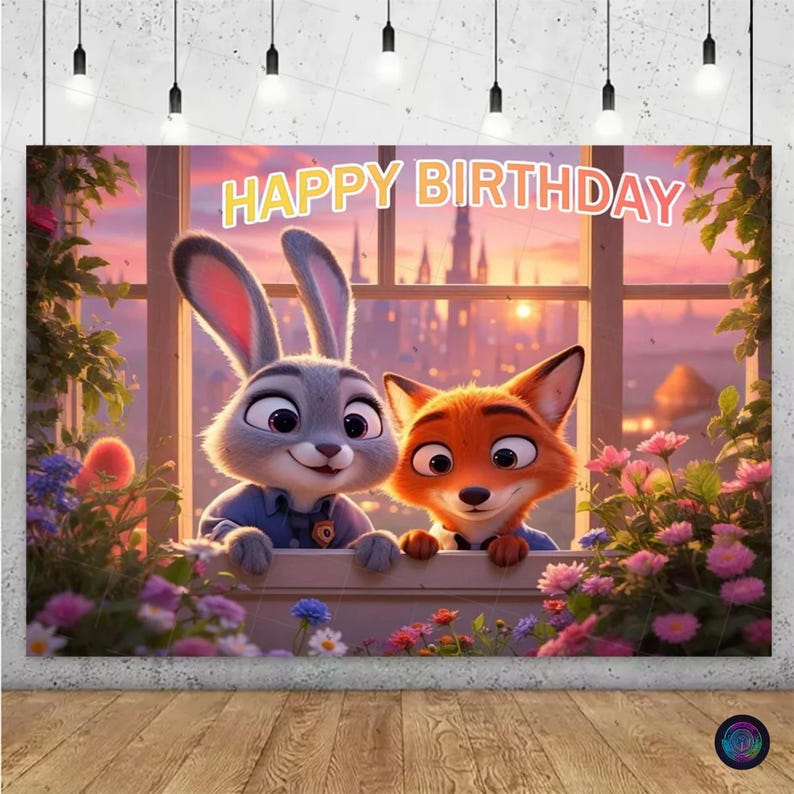 May include: A colorful birthday banner featuring Judy Hopps and Nick Wilde from Zootopia. The banner has the words "HAPPY BIRTHDAY" in a gradient font, with a cityscape background and floral accents.