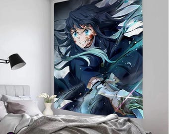 Anime Samurai Tapestry: Japanese Misty Warrior Wall Art