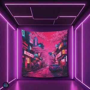 Psychedelic Cherry Blossom Street Black light reactive tapestry,Psytrance UV active trippy Decor,Rave Neon Vibe,Glowing Psychedelic Wall Art