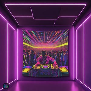 Psychedelic DJ Party Black light reactive tapestry, Psytrance UV active trippy Decor, Rave Neon Vibe, Glowing Psychedelic DJ Wall Art.