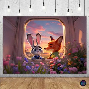 May include: A vibrant illustration of Judy Hopps and Nick Wilde from Zootopia, framed by a window overlooking a sunset. The artwork features colorful flowers and a warm, inviting atmosphere, perfect for fans of the animated film.